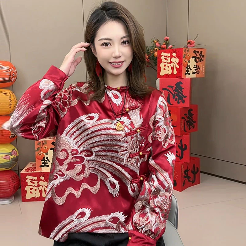 新中式复古重工凤凰刺绣衬衣圆领气质上衣3307