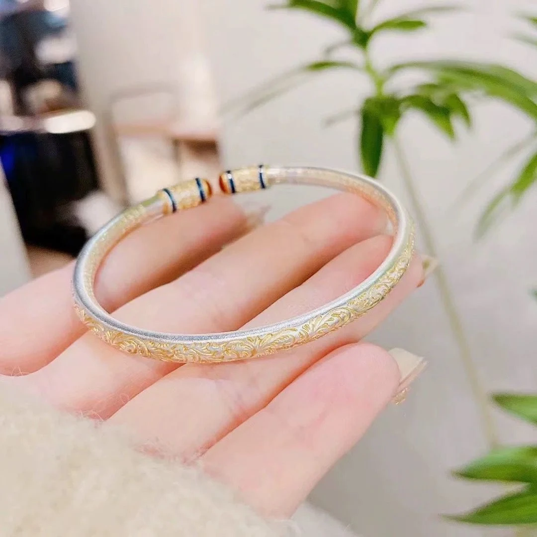 足银手镯 999【07】描金卷草纹开口手镯复古简约