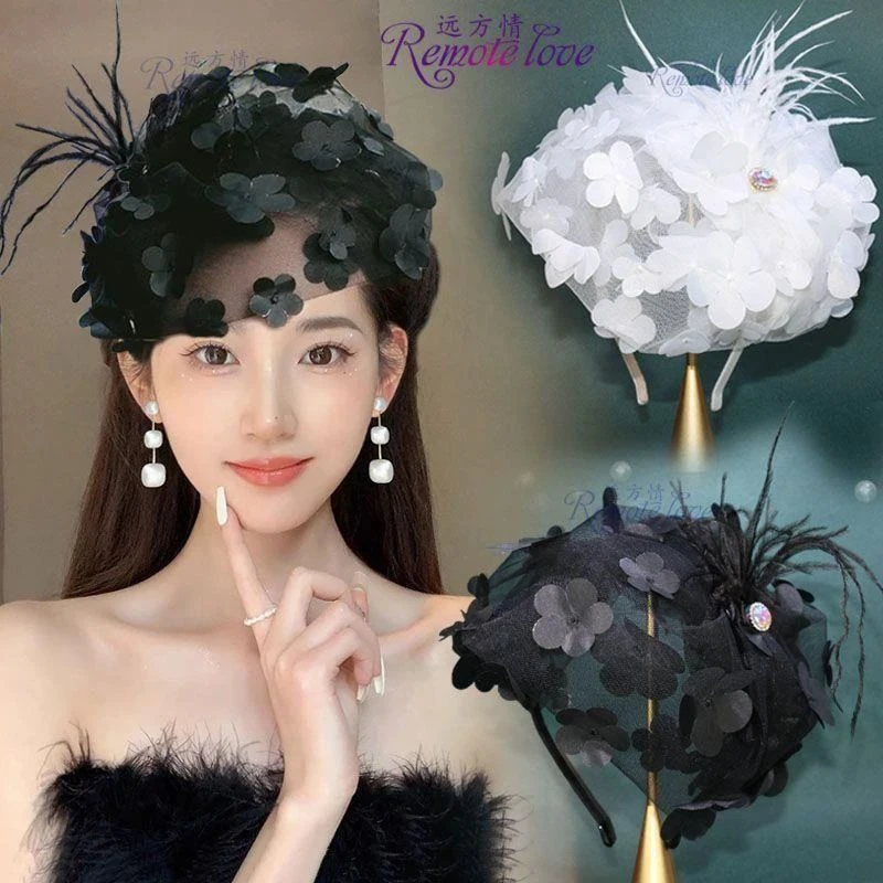 C贵妇帽子轻奢透纱花朵羽毛半帽发箍女洋气遮白发头箍法式发卡头