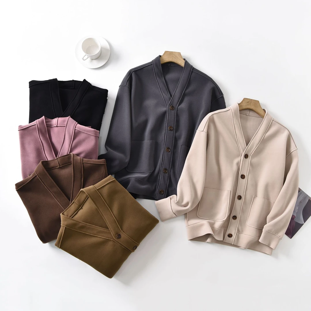 秋冬复合德绒防风口袋外套时尚V领单排扣开衫外搭大码休闲女上衣