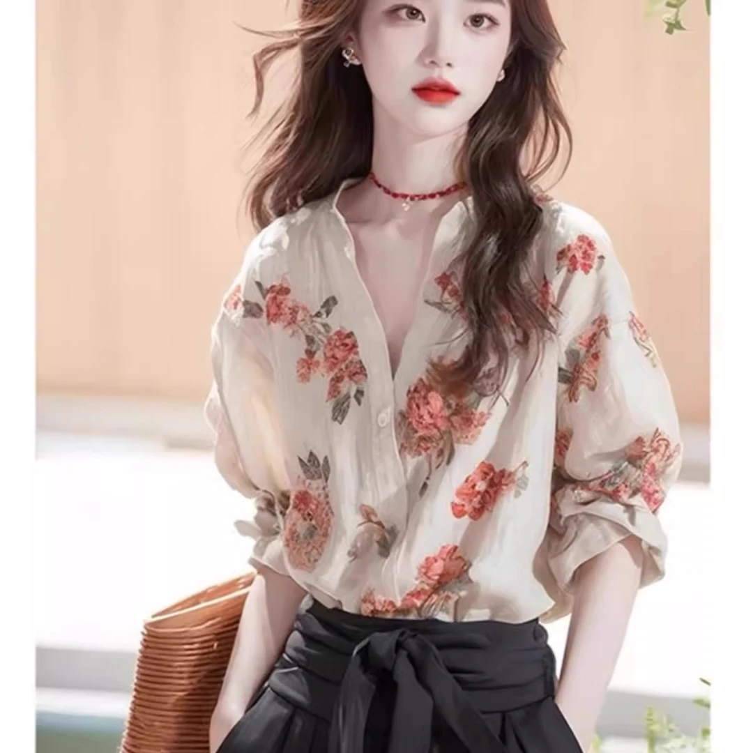 法式独特小上衣今年流行漂亮小衫别致小众高端印花夏季长袖衬衫