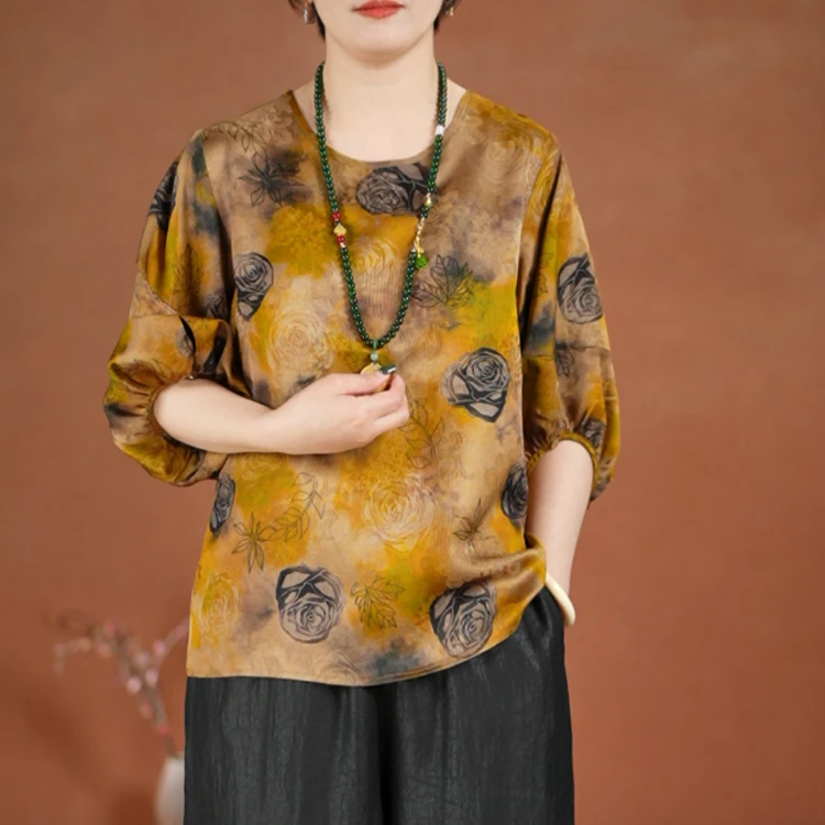 玫瑰·香云纱上衣桑蚕丝6A真丝圆领提花薄款上衣民族风百搭时尚