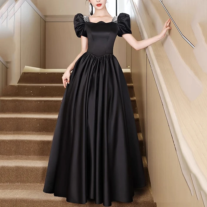 黑色晚礼服缎面高级感轻奢小众宴会成人礼仙气质主持人艺考礼服裙