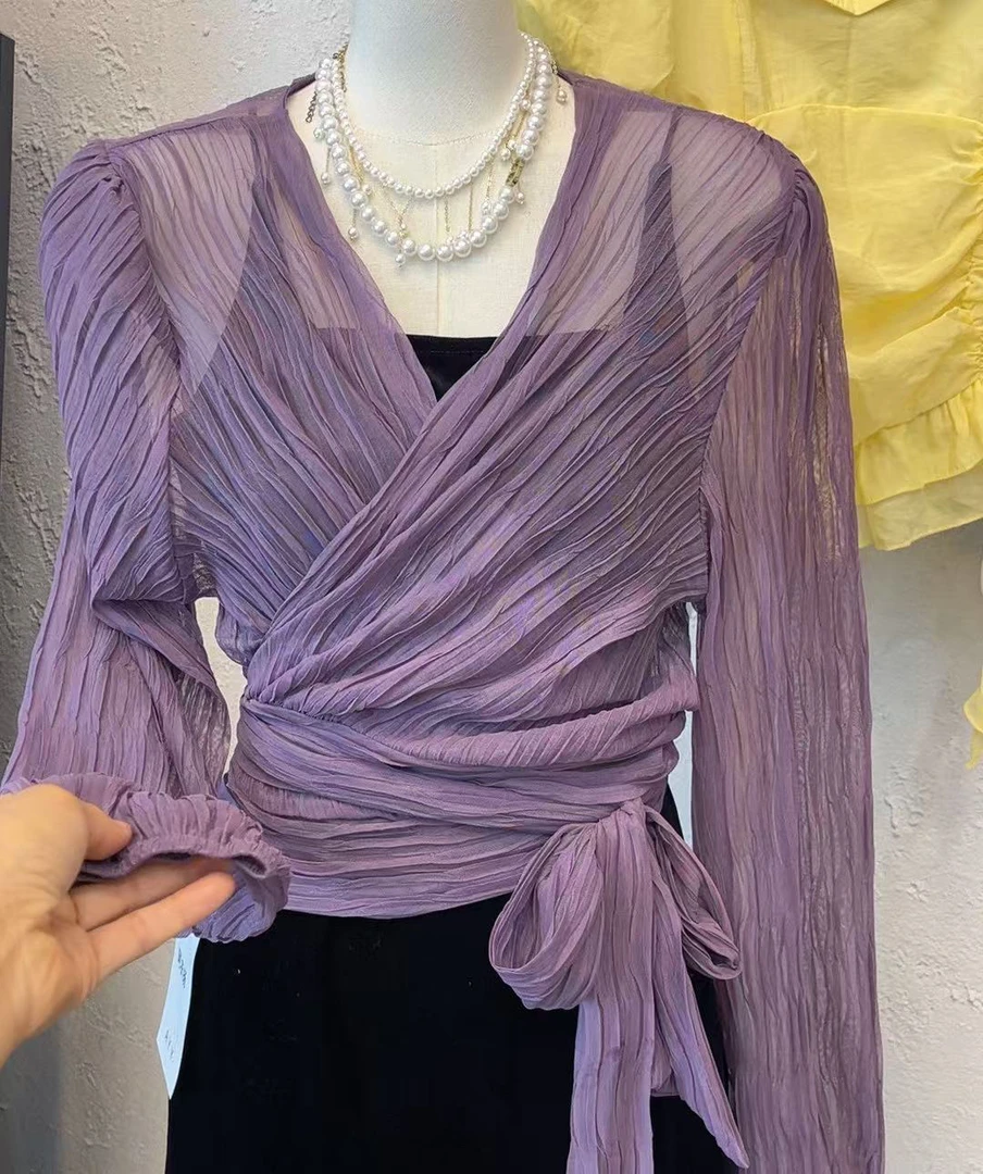 时尚洋气减龄设计感修身显瘦高级感长袖绑带小衫