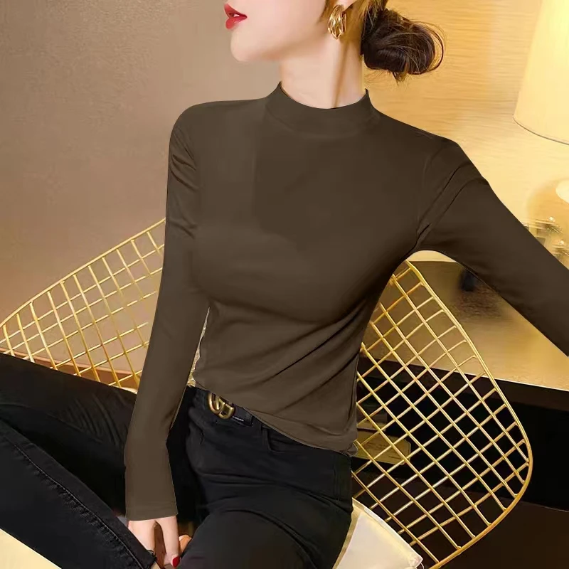 拉夏贝尔莫代尔棉春秋大码小立领长袖T恤女修身显瘦百搭内搭打底