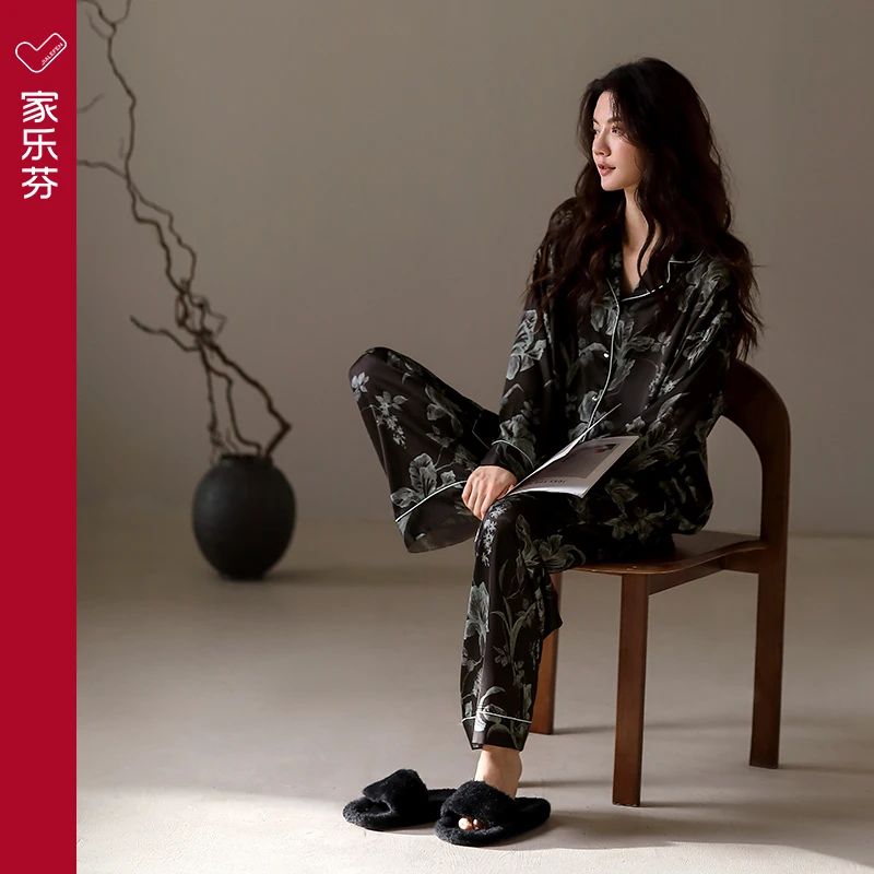 家乐芬睡衣女士春秋款冰丝绸长袖家居服仿真丝中国风夏季薄款套装