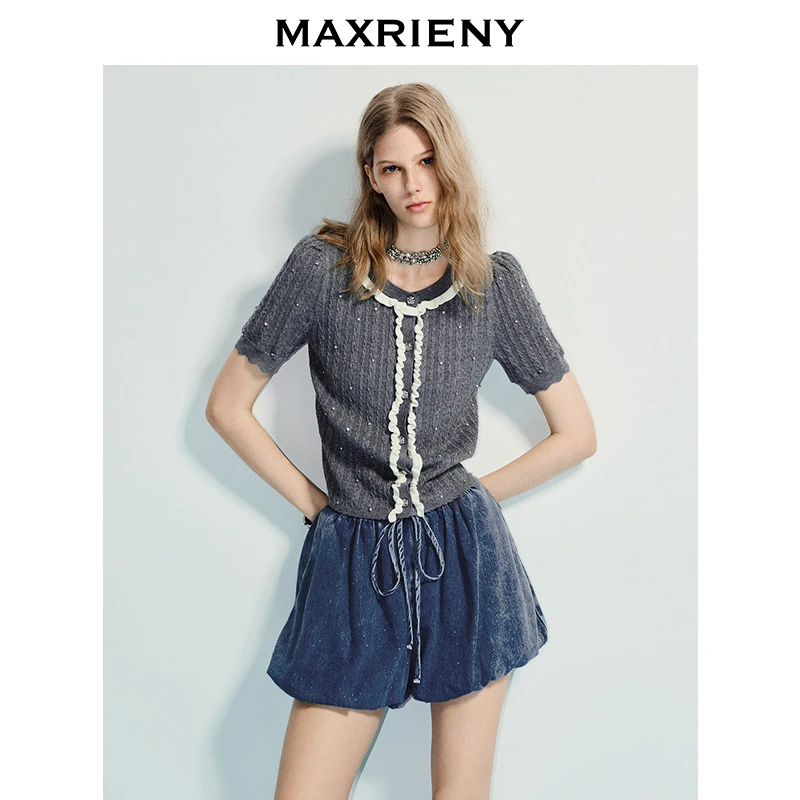 【商场同款】MAXRIENY精致复古感撞色修身套头短袖毛衫女25夏款