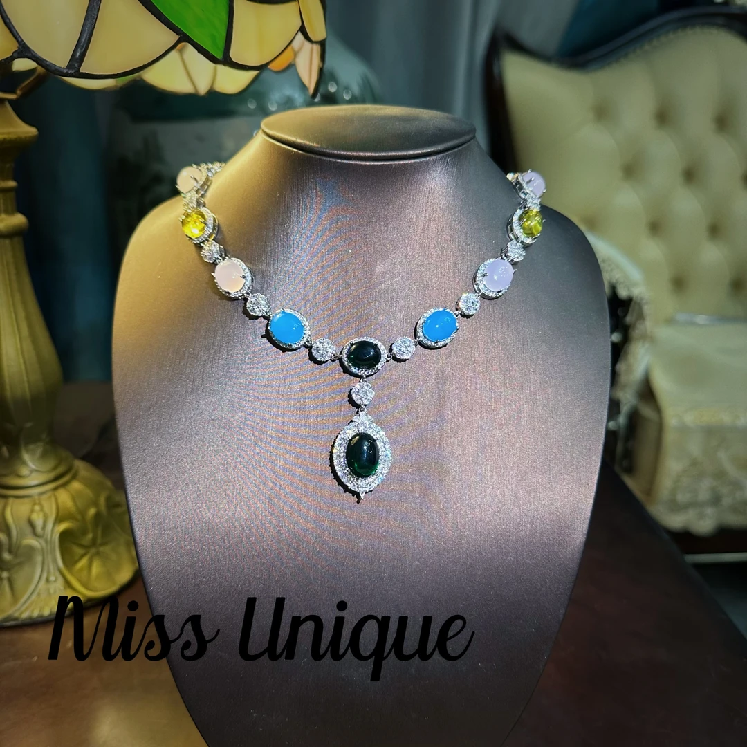 S6627绿色椭圆水滴石石项链