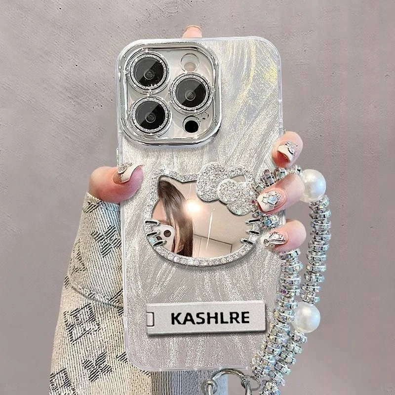 适用KT猫镜子挂链苹果16promax羽纱手机壳华为oppovivo小米镜头膜