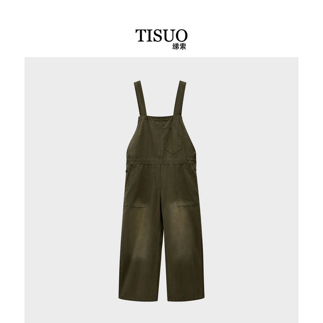 TISUO/绨索美式高街风复古水洗背带牛仔裤TS841015