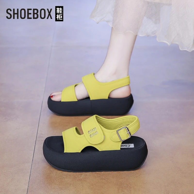 SHOEBOX鞋柜时尚魔术贴厚底露趾女2025年新款夏季百搭防滑不累脚