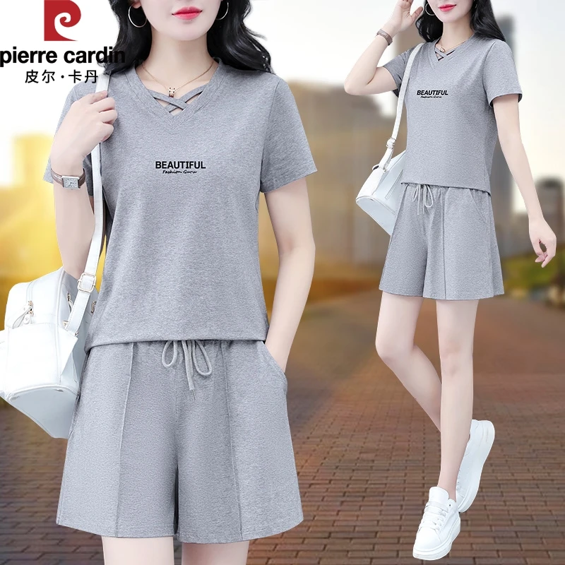 皮尔卡丹灰色纯棉短袖短裤套装女2025新款夏季跑步休闲运动两件套