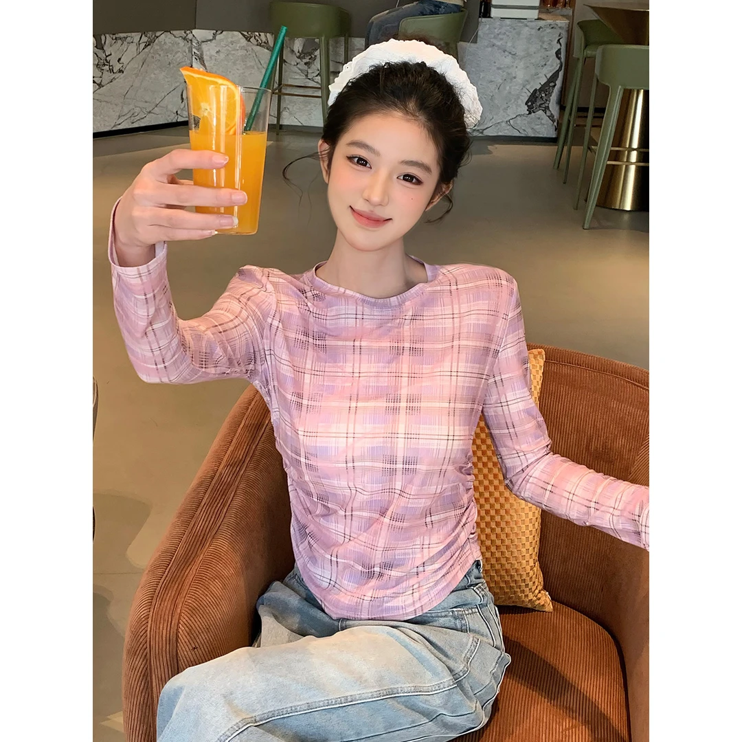 【甜心派对】网纱打底衫女显瘦气质长袖修身格子设计感薄款上衣T恤