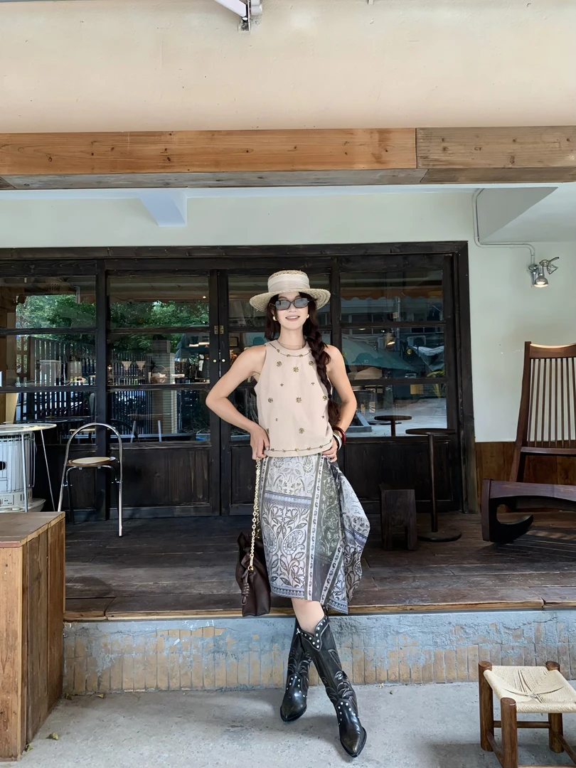 MAR 夏季新款复古印花系带设计叠穿屁帘半身裙带防走光613205