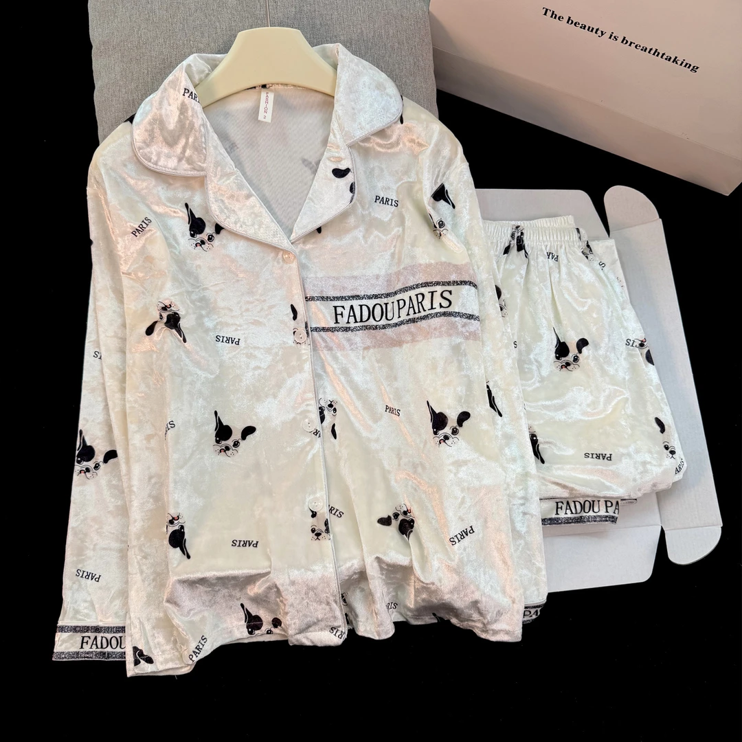 睡衣女秋冬季金丝绒长袖轻奢高级感法斗犬字母甜美翻领家居服套装