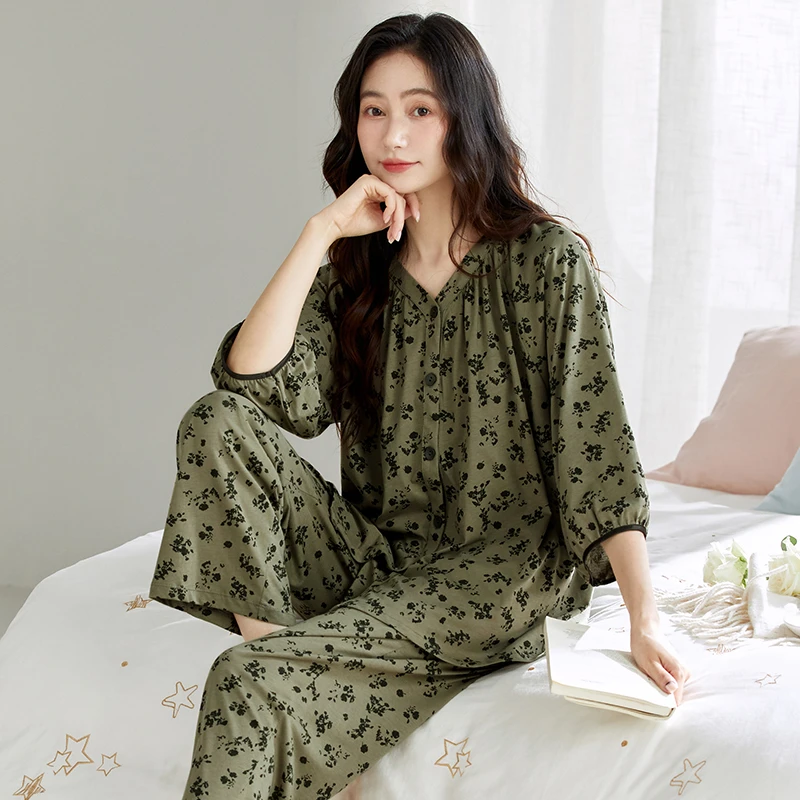 浪莎品牌睡衣女士夏季七分袖九分裤夏季薄款开衫新款家居服套装G