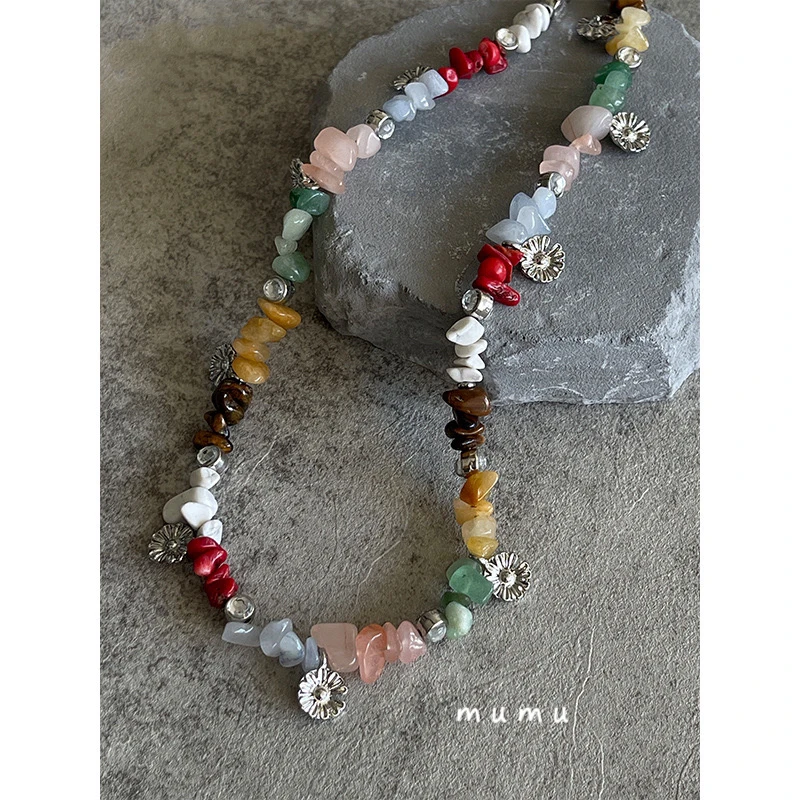 钛钢仿珍珠项链 mumu 彩色小雏菊 百搭项链 可爱复古项链毛衣链