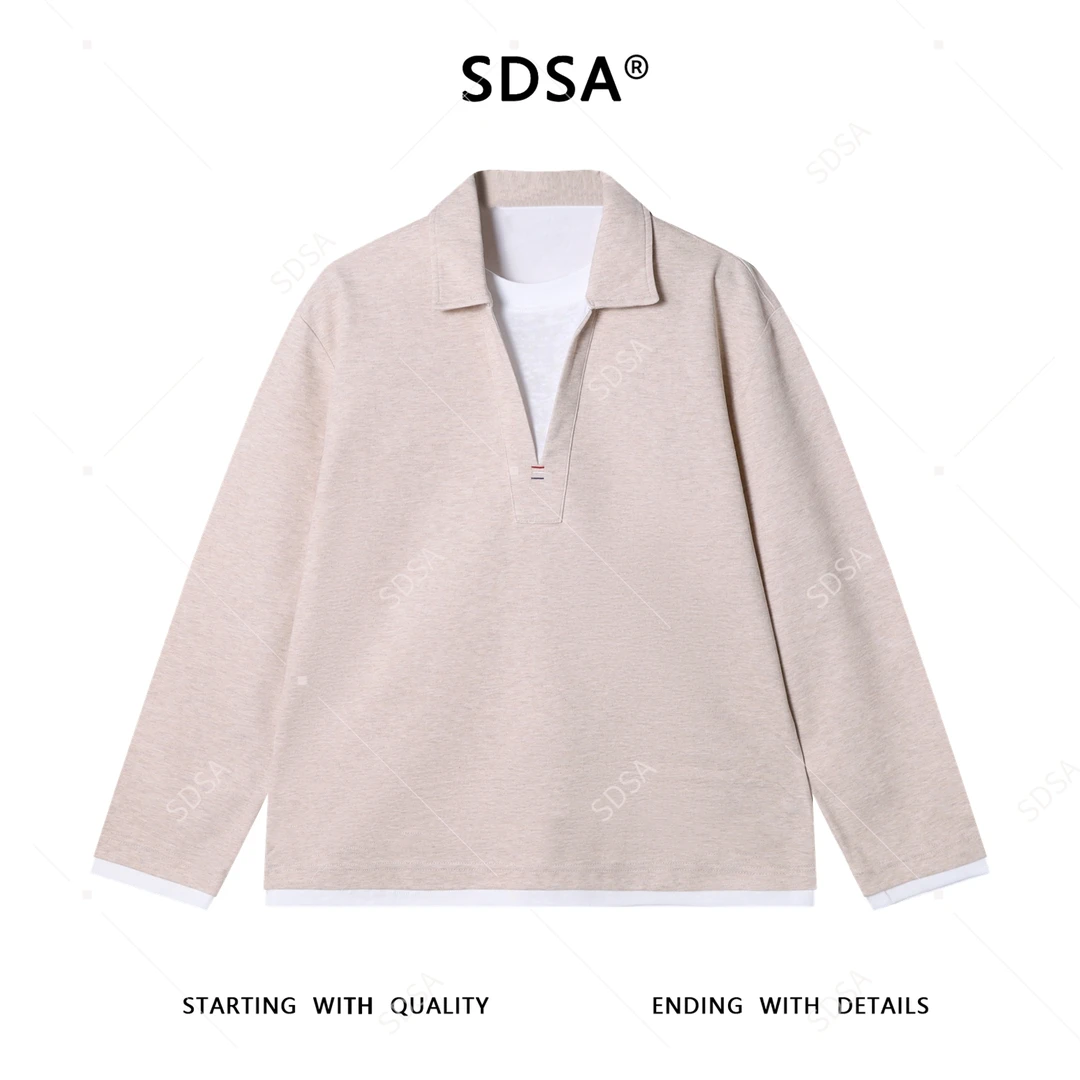 SDSA男士秋冬新款痞帅男装设计感假两件V领长袖T恤纯色休闲风简约