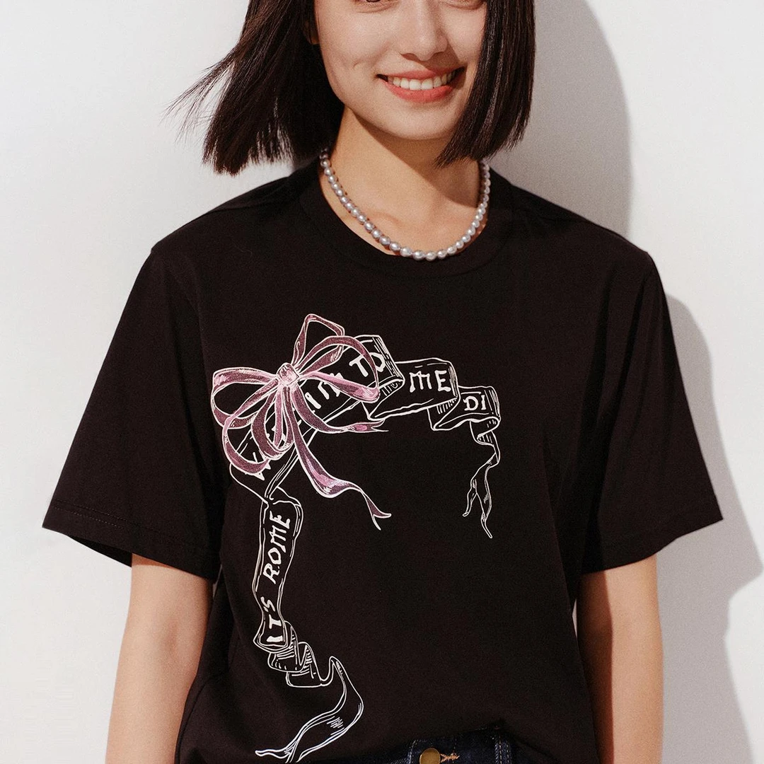 小虫设计师新款芭蕾美学风少女感时髦箱型棉T恤T24XTX026