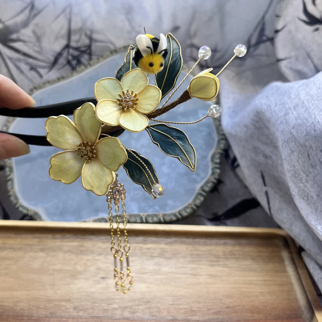 非遗绒花“春意”古风发簪汉服新中式饰品