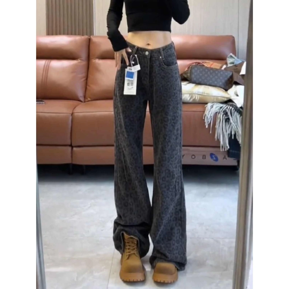 复古豹纹微喇叭牛仔裤女2025秋季新款小众设计感垂感休闲拖地长裤