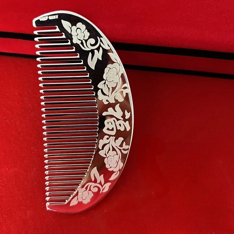 足银银制品  足银B62【约44g】足银999玫瑰花福字纯银梳子
