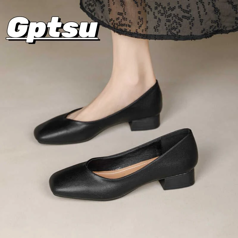 GPTSu主持人面试女鞋三厘米浅口黑色单鞋软皮奶奶鞋不累脚粗跟女