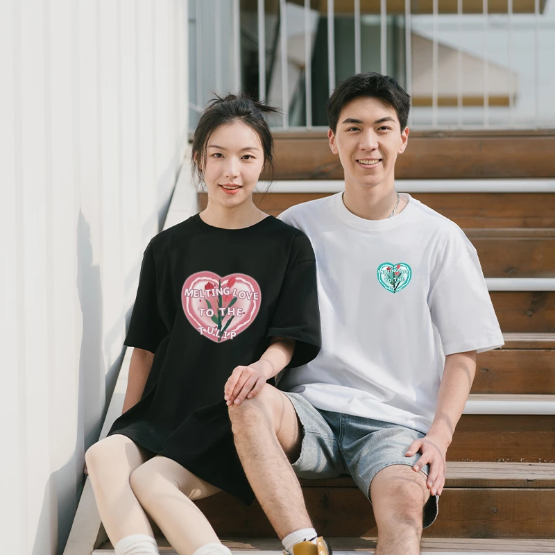 【两件装】32电波爱心夏季纯棉百搭情侣装休闲时尚圆领宽松短袖t恤