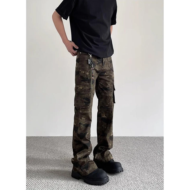 ASKISR美式高街vibe风复古口袋迷彩微喇工装牛仔裤男休闲裤DX806