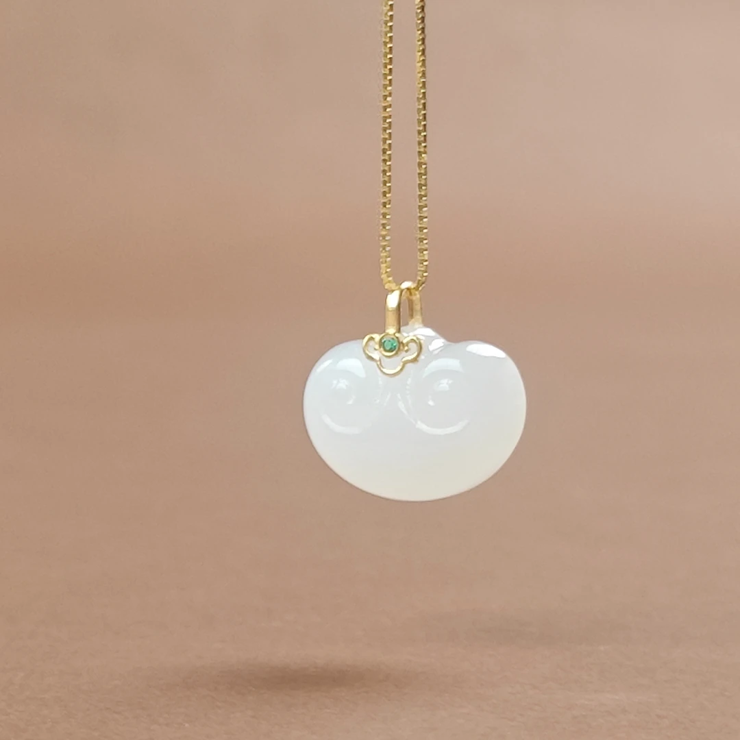 18K镶嵌和田玉白玉如意头吊坠12*16 RYT-001A3