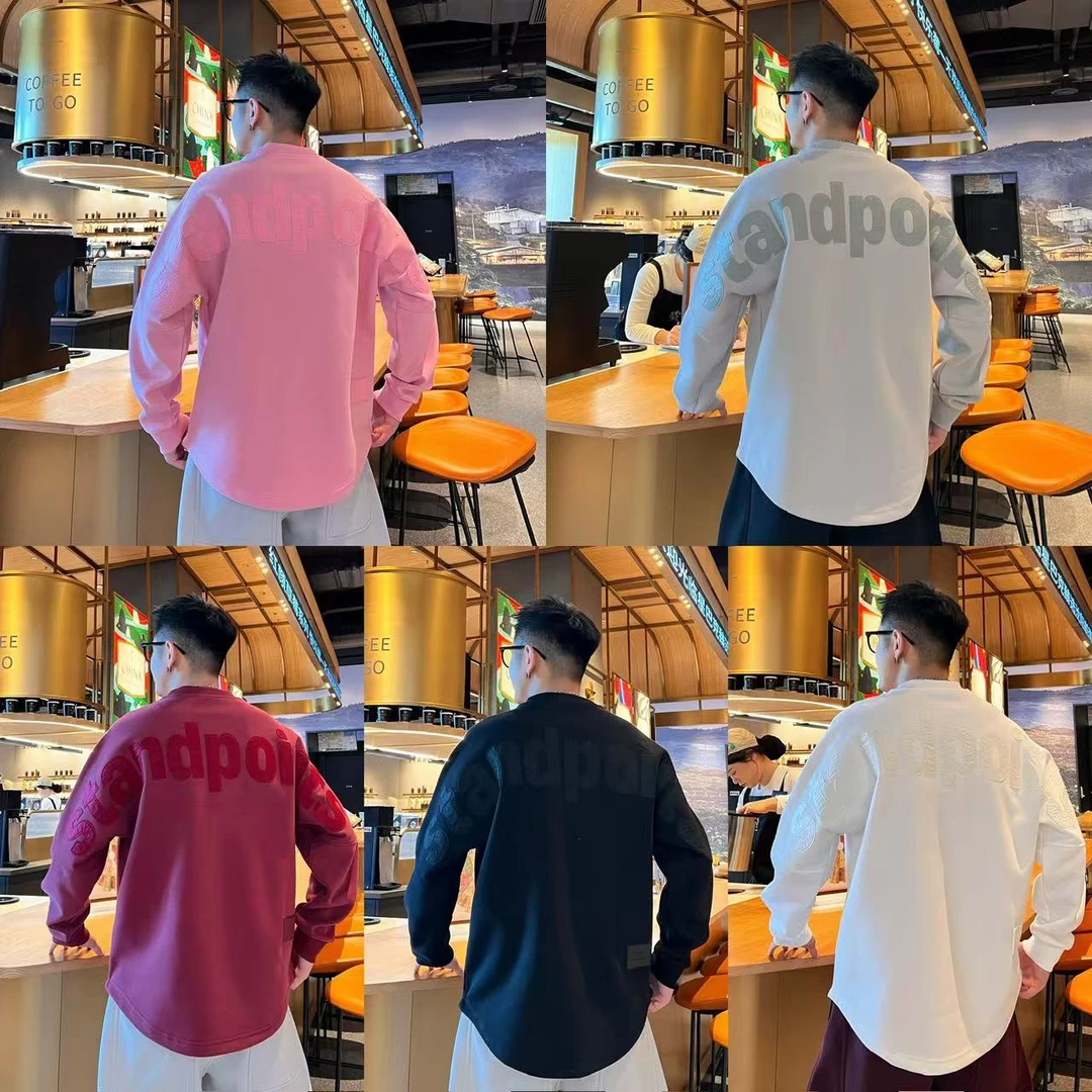 纯色极简风百搭小众个性舒适字母设计感男士新款痞帅圆领长袖T恤