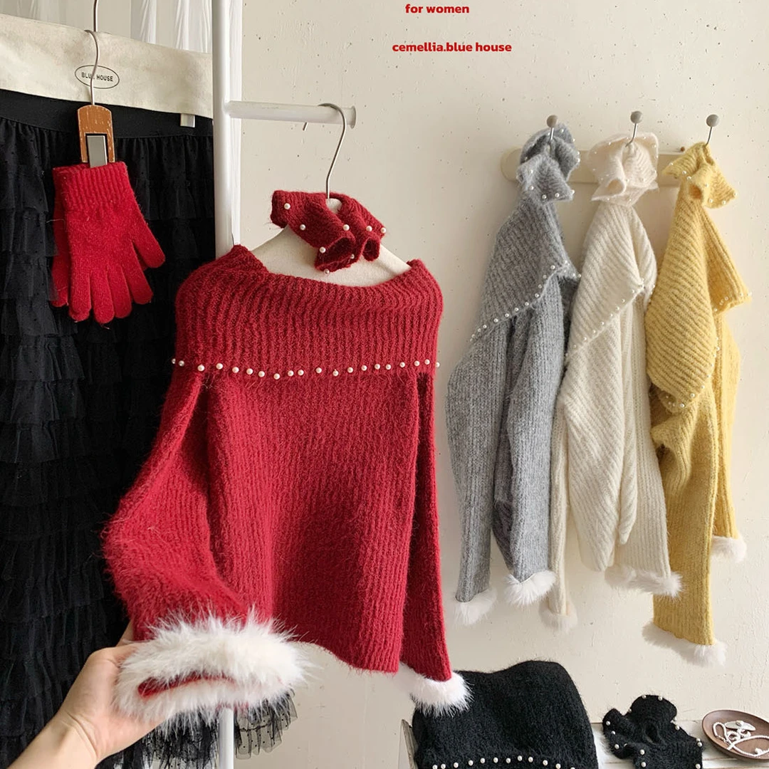 圣诞新年氛围感红色一字肩毛衣女冬小众钉珠送头花套头外穿针织衫