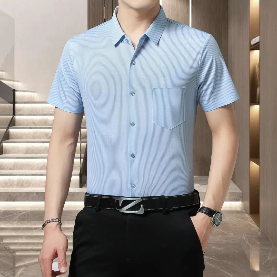 7999带兜条纹夏季冰丝凉感衬衫短袖中年男士商务休闲时尚薄款无痕