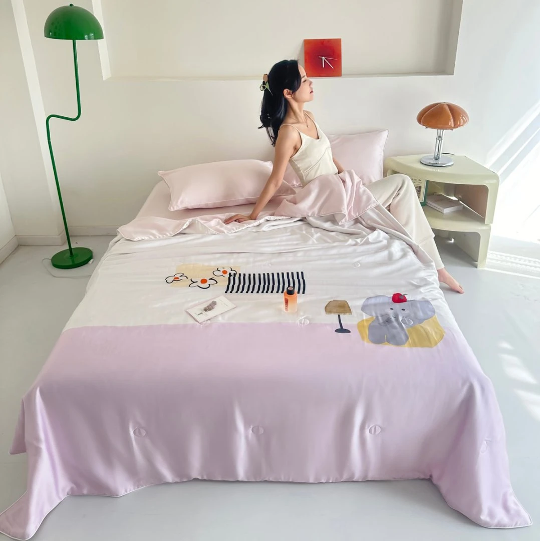 【TD 】高档百分百莱赛尔填充蚕丝天丝卡通单夏被-多巴胺大象-粉