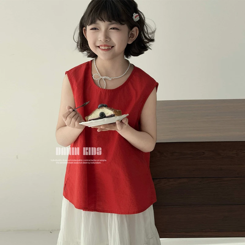【嗒囜】女童夏季棉麻森系小衫小女孩韩版宽松背心无袖T恤上衣童装