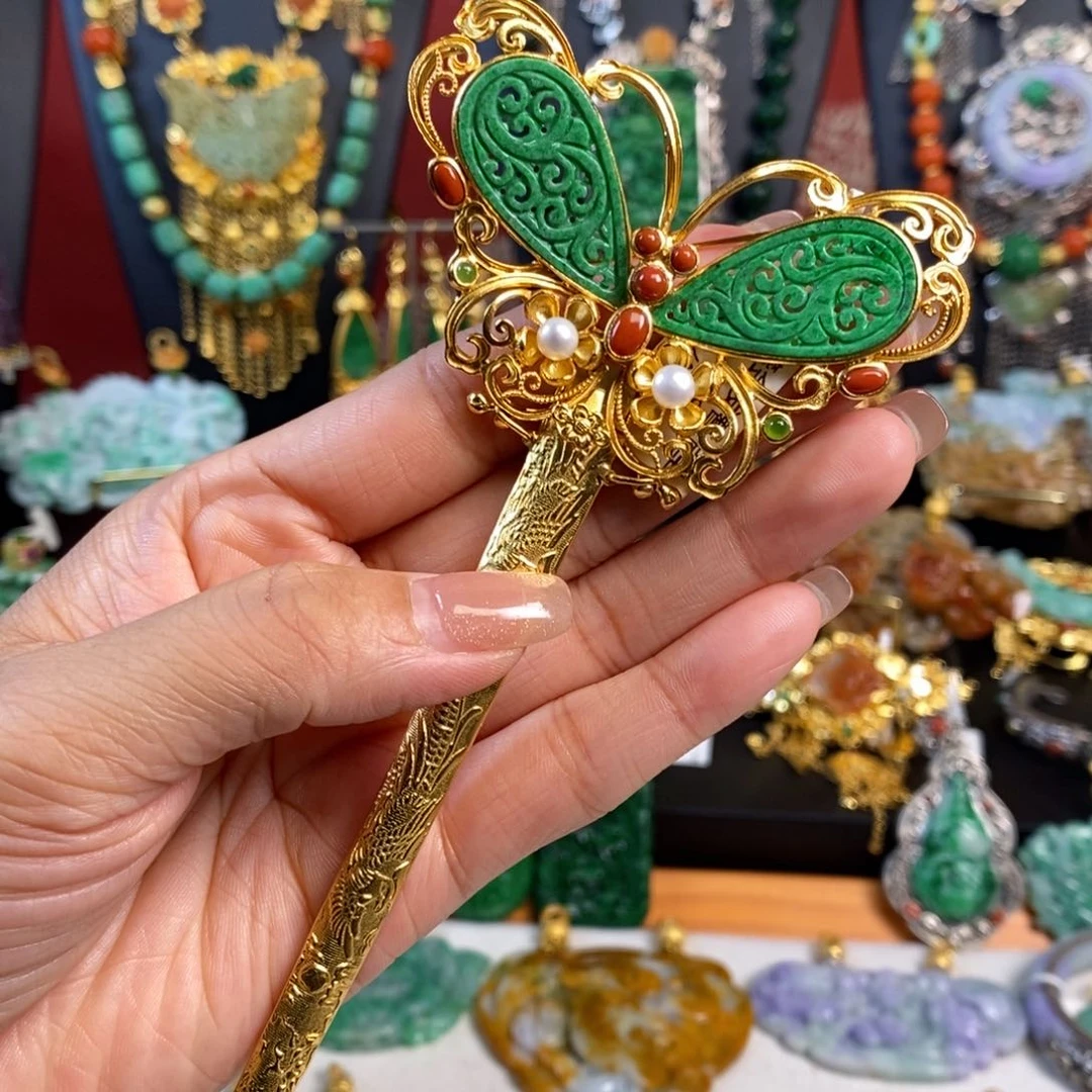 翡翠颈饰银S925镀金镶嵌吊坠发簪