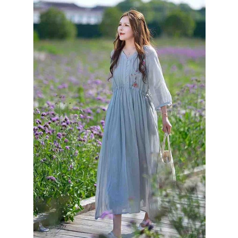 8509晓莲~复古纯苎麻重工刺绣立体花朵两件套连衣裙