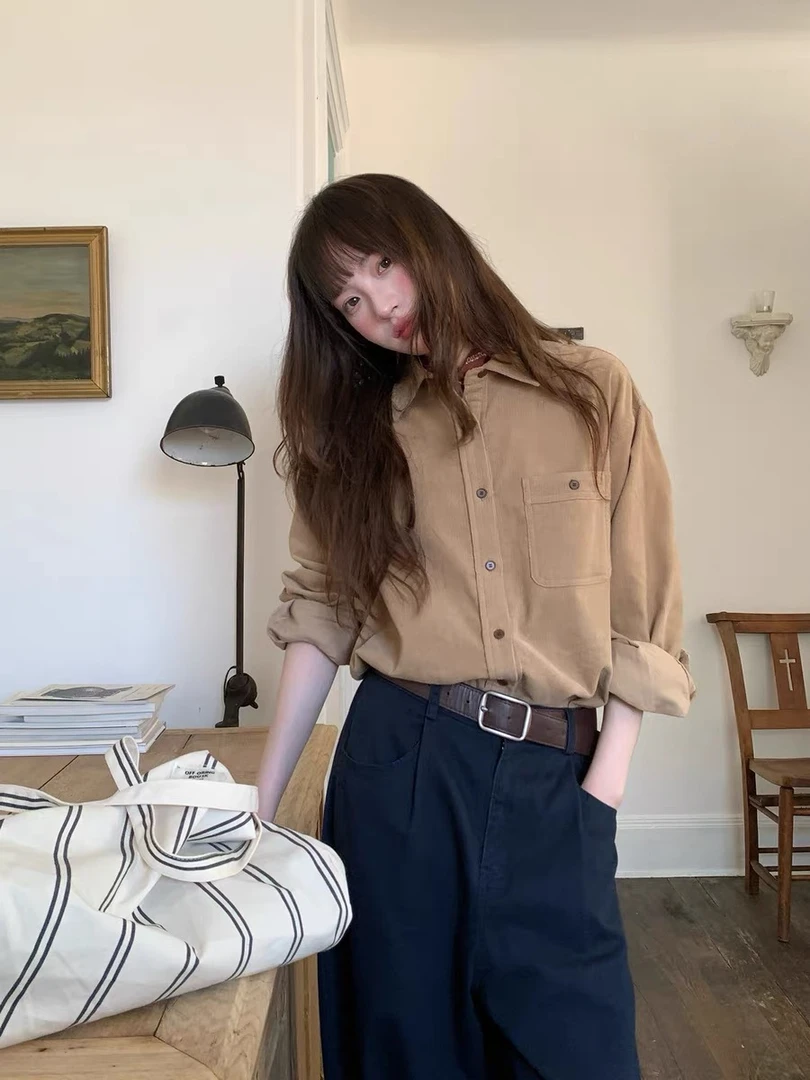 复古经典灯芯绒衬衫秋冬女纯色衬衣慵懒风叠穿气质百搭外套上衣