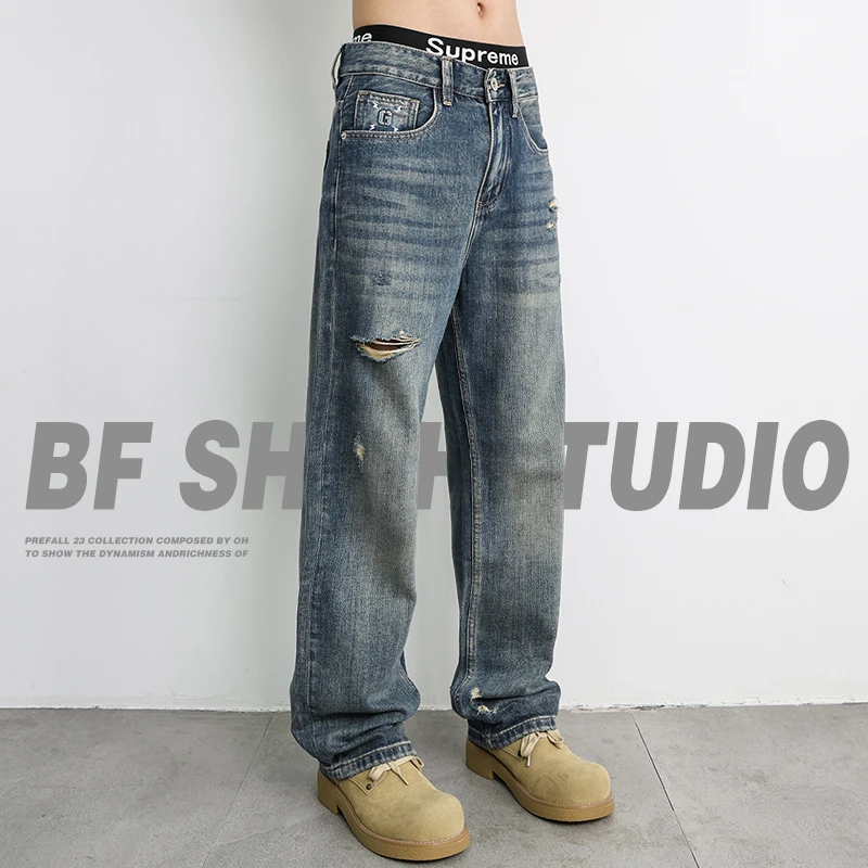 破洞2025新款男士潮牌高端美式复古水洗宽松直筒休闲裤子秋季薄款