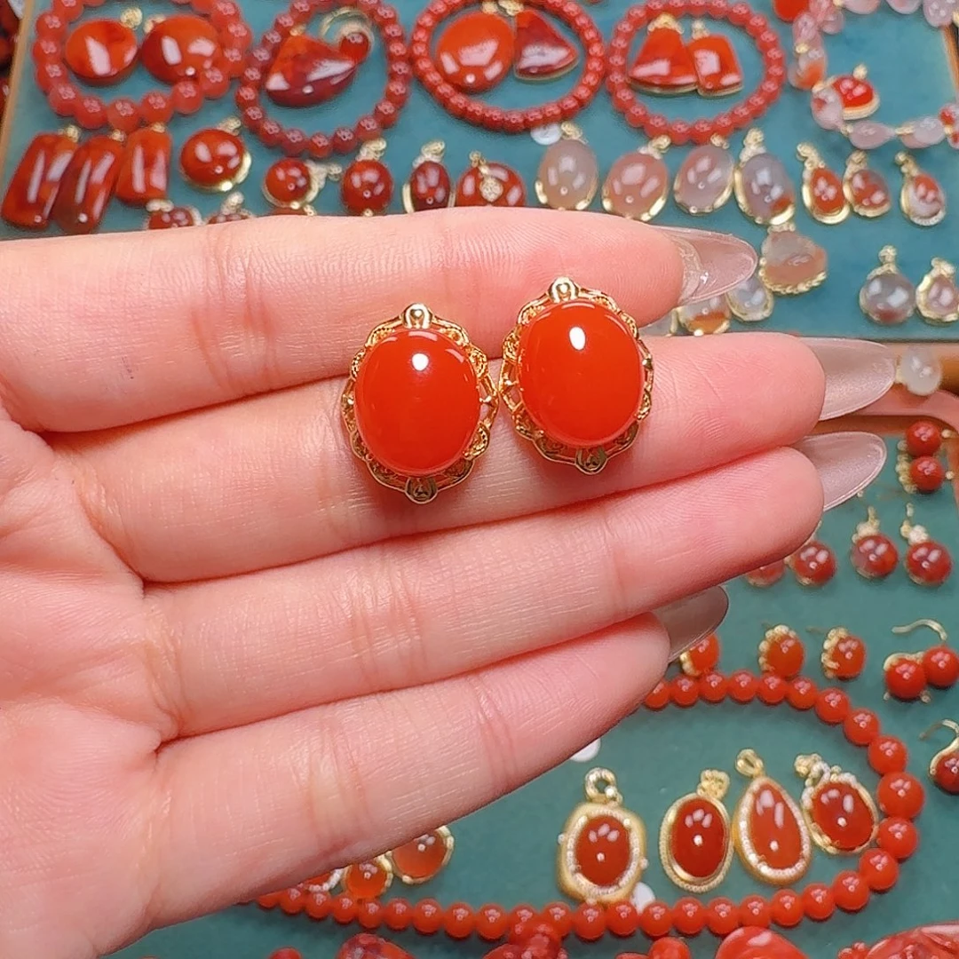 南红玛瑙银S925镶嵌耳饰
