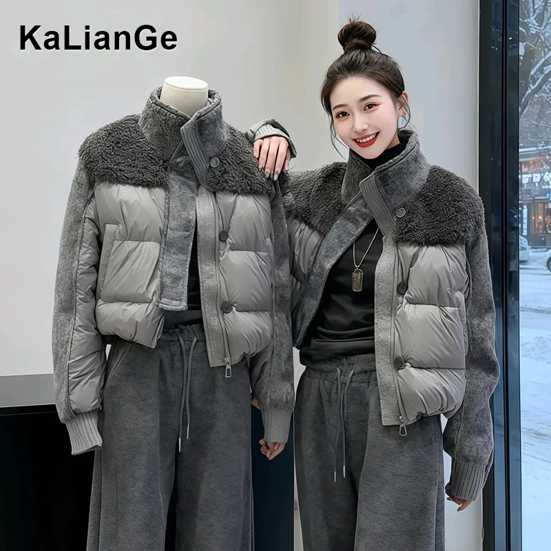 卡莲格/韩系灰色立领拼接棉服外套女冬季新款羽绒手塞棉保暖棉衣