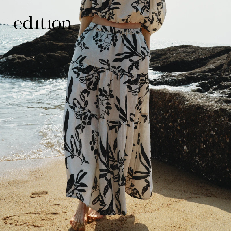【商场同款】edition夏款东方感印花亚麻半身裙#EBC2SKTK01