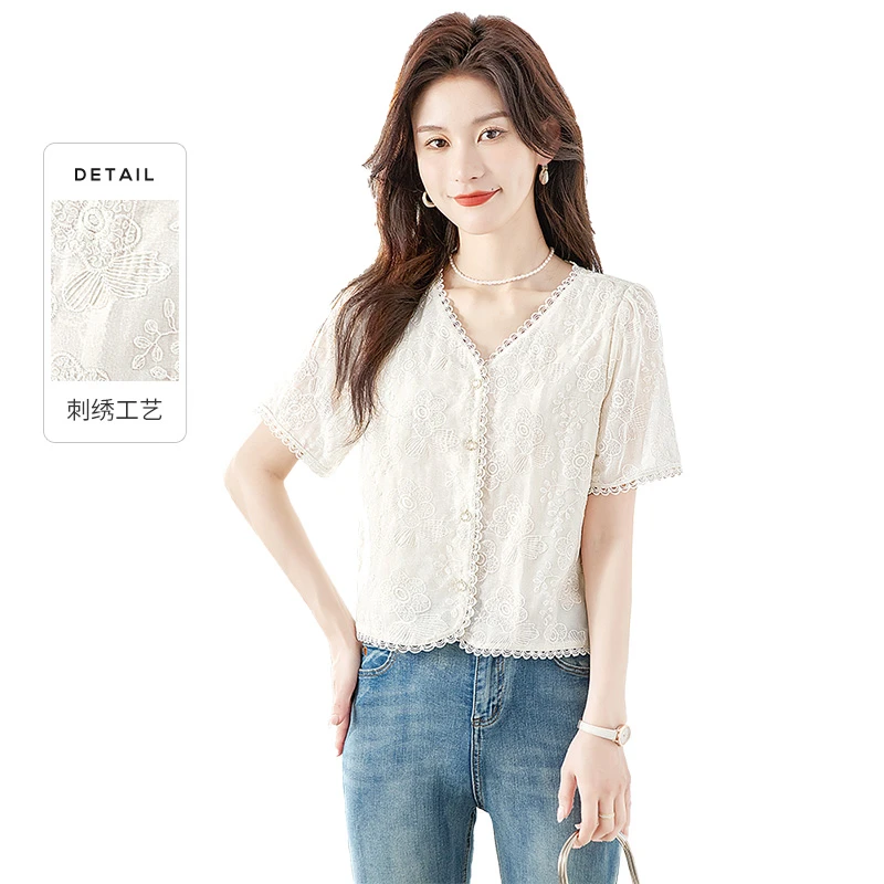 丝柏舍2025夏季新款设计感蕾丝V领短袖衬衫洋气衣服女S42R1403CA