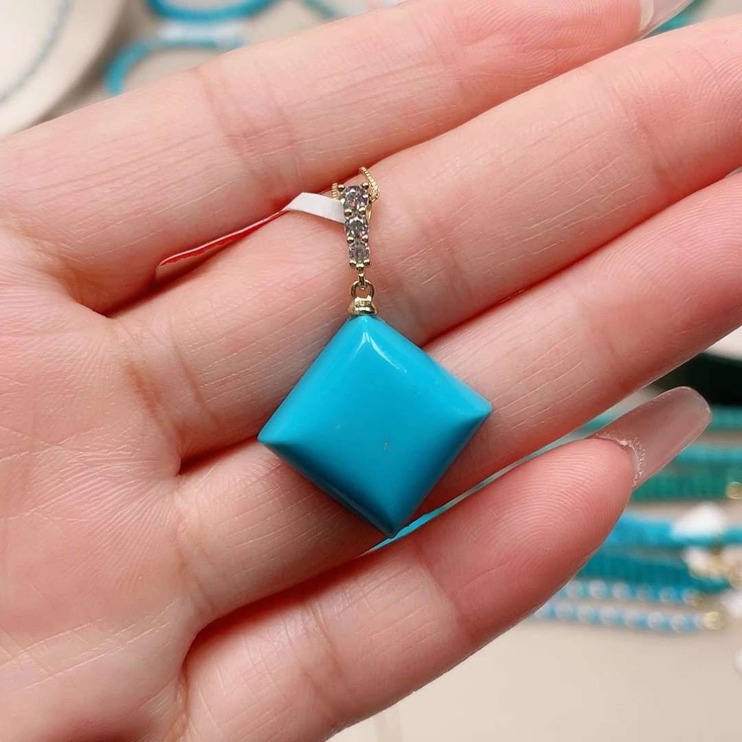 绿松石银S925镶嵌绿松石方形吊坠