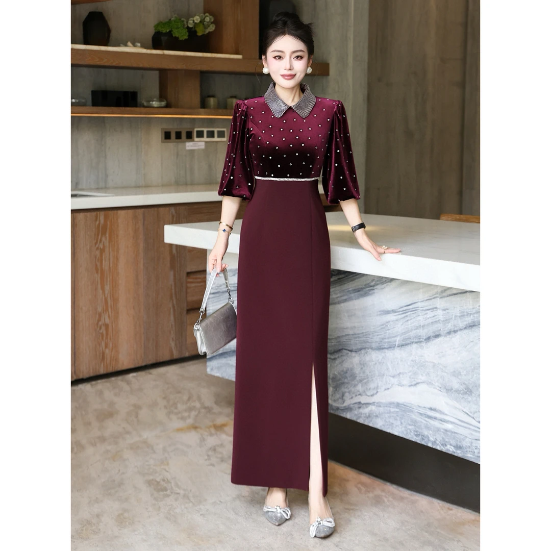 优雅气质复古欧美风重工奢华丝绒亮钻高腰显瘦礼服长裙连衣裙宴会