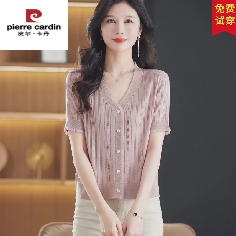 桑蚕丝v领短袖t恤女夏季新款卡腰短款针织小衫配裙子时尚洋气上衣