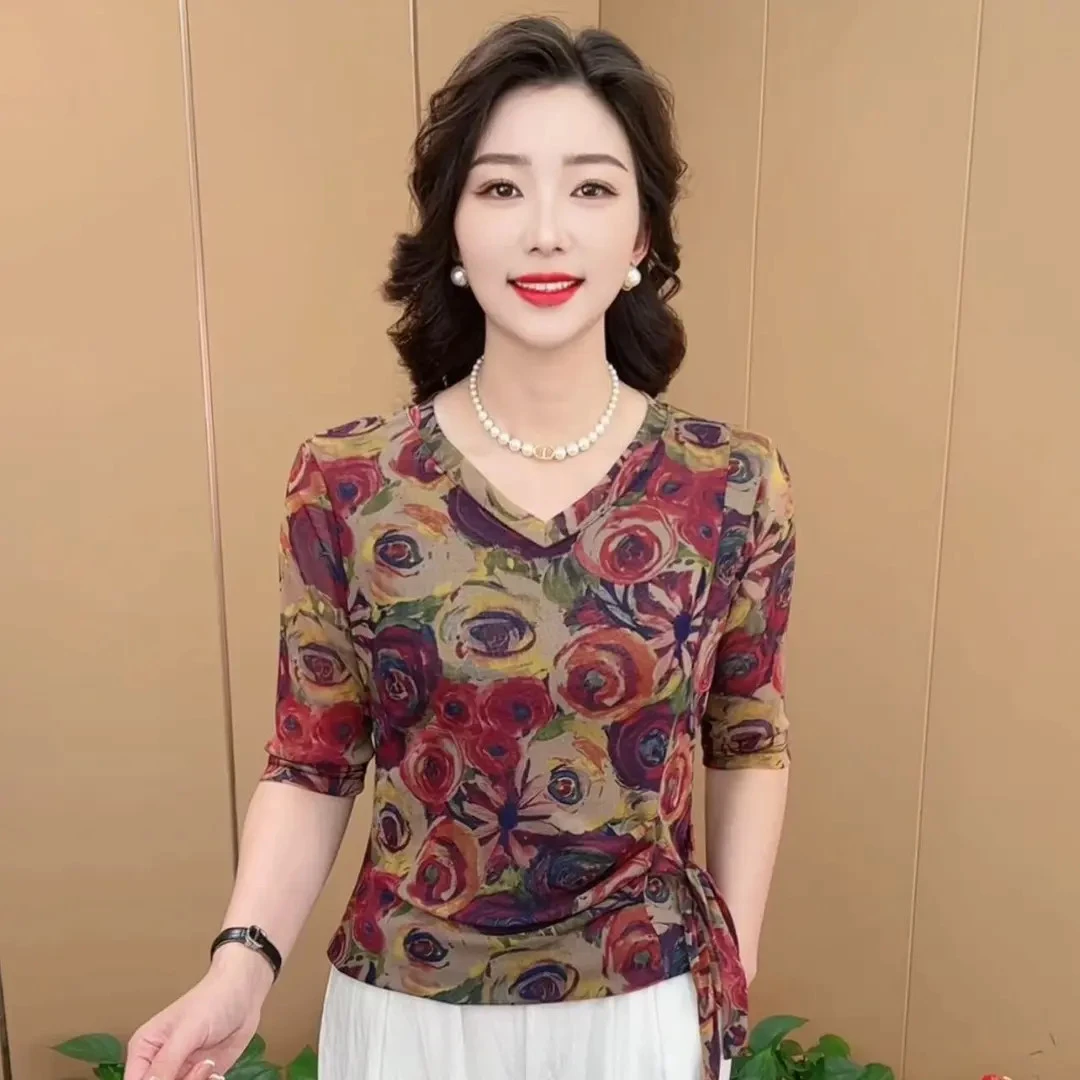 早秋新款时尚V领收腰系带设计妈妈装休闲气质百搭女士打底衫K1316