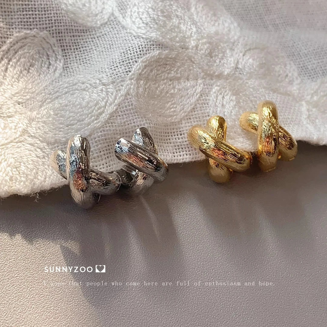 铜合金耳饰 交叉肌理宽面拉丝耳扣简约气质重工高级耳饰耳钉588