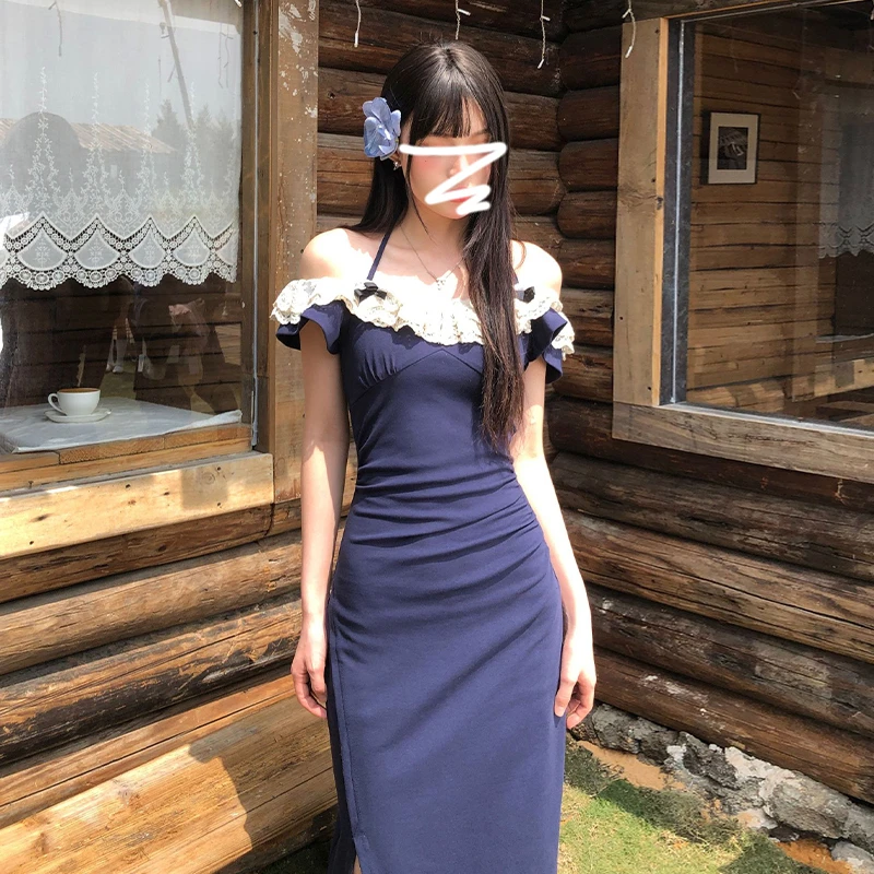 2025新款蕾丝拼接辣妹连衣裙镂空设计感裙子女夏季名媛纯欲风长裙