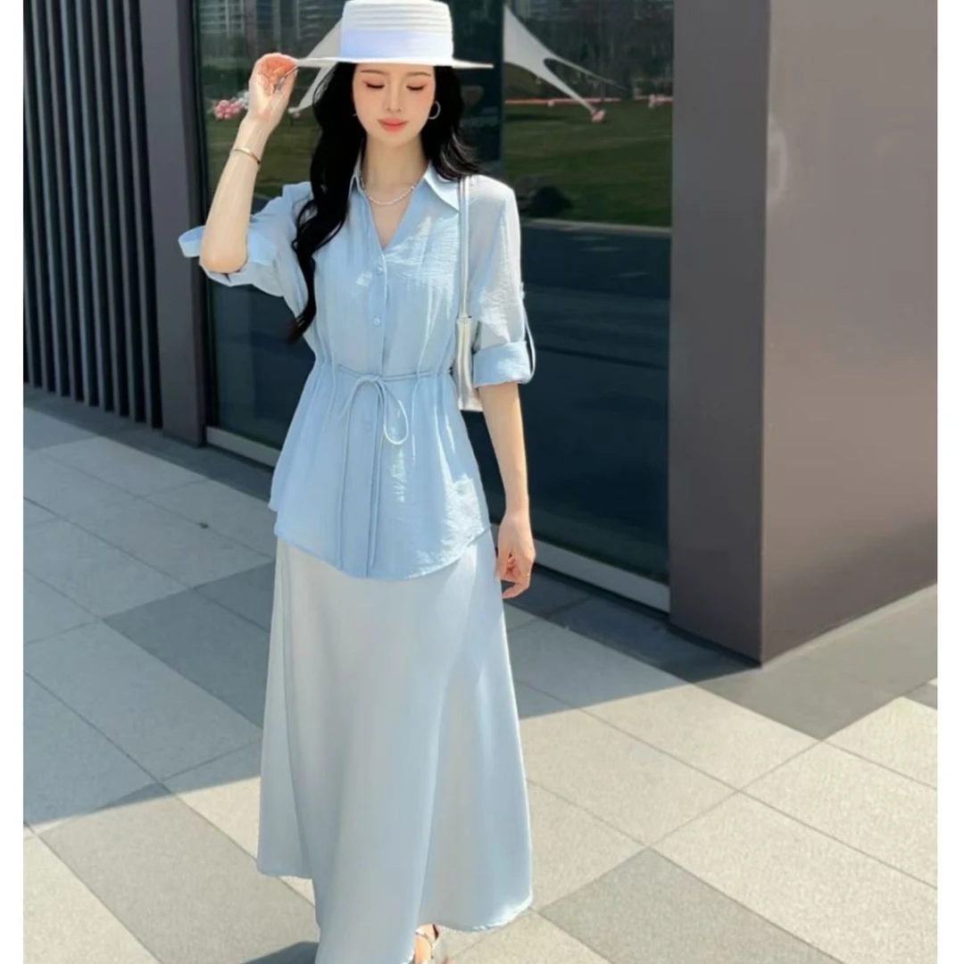 欧洲站2025春夏新款遮肚显瘦天丝收腰衬衫吊带绸缎连衣裙两件套女